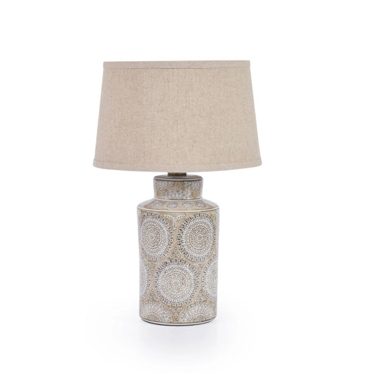 Introducing the Farhan Lamp, a sophisticated addition to any space. The unique design features a beige shade, providing a warm and inviting ambiance. Crafted with expert precision, this lamp adds a touch of elegance to your home décor.
