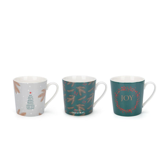 Christmas Festive Fir Set of 6 Mugs by Mindy Brownes Interiors  Introducing our Festive Fir collection. This charming collection is adorned with beautiful designs inspired by Christmas fir branches, red berries, and heart-warming holiday messages on green and white backgrounds.