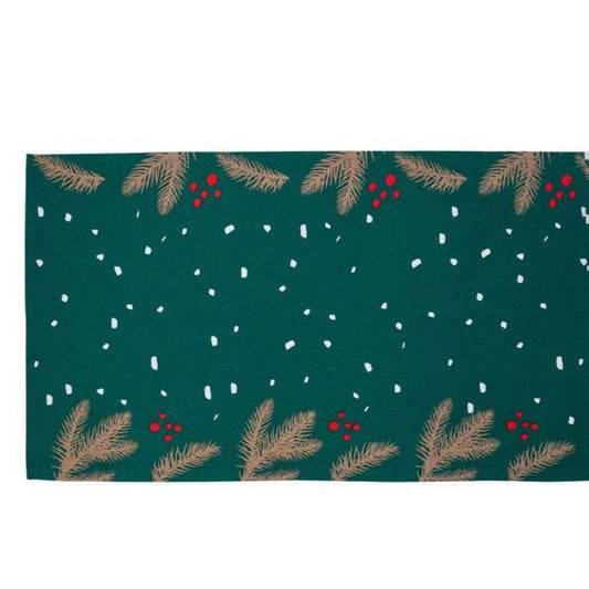 Christmas Festive Fir Table Runner by Mindy Brownes Interiors  Introducing our Festive Fir collection. This charming collection is adorned with beautiful designs inspired by Christmas fir branches, red berries, and heartwarming holiday messages on green and white backgrounds.