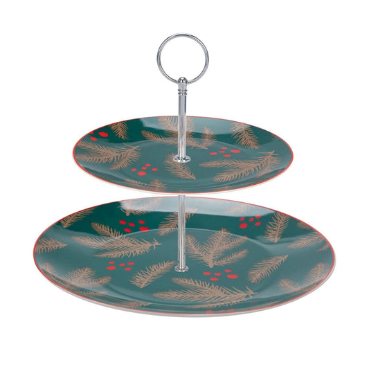 Christmas Festive Fir Two Tier Cake Stand by Mindy Brownes Interiors  Introducing our Festive Fir collection. This charming collection is adorned with beautiful designs inspired by Christmas fir branches, red berries, and heart-warming holiday messages on green and white backgrounds.