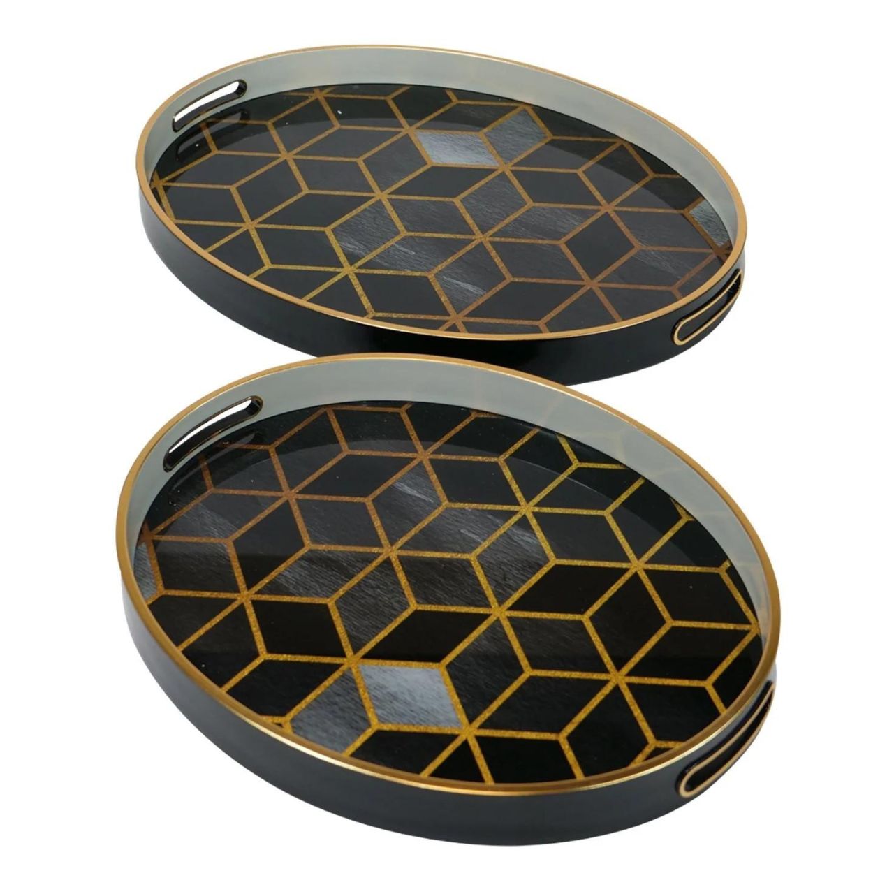 Mindy Brownes Geometric Trays Set of 2  A stunning set of two oval trays in midnight blue, with a gold rim and modern geometric prints.