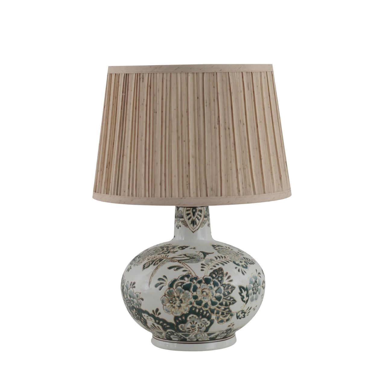 The Hannah Lamp offers a soft and elegant take on floral ceramic design. Its rounded base features a delicate botanical pattern in gentle neutral tones, creating a calm and refined look. Paired with a pleated shade, it casts a warm, soothing glow that enhances its subtle detailing.