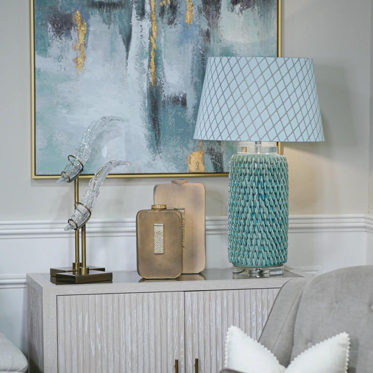 Mindy Brownes Ceramic Lexi Lamp. Aqua marine coral texture inspired lamp on a clear acrylic base with chrome detail. Ideal bedroom lamp, hall lamp or hotel lamp.