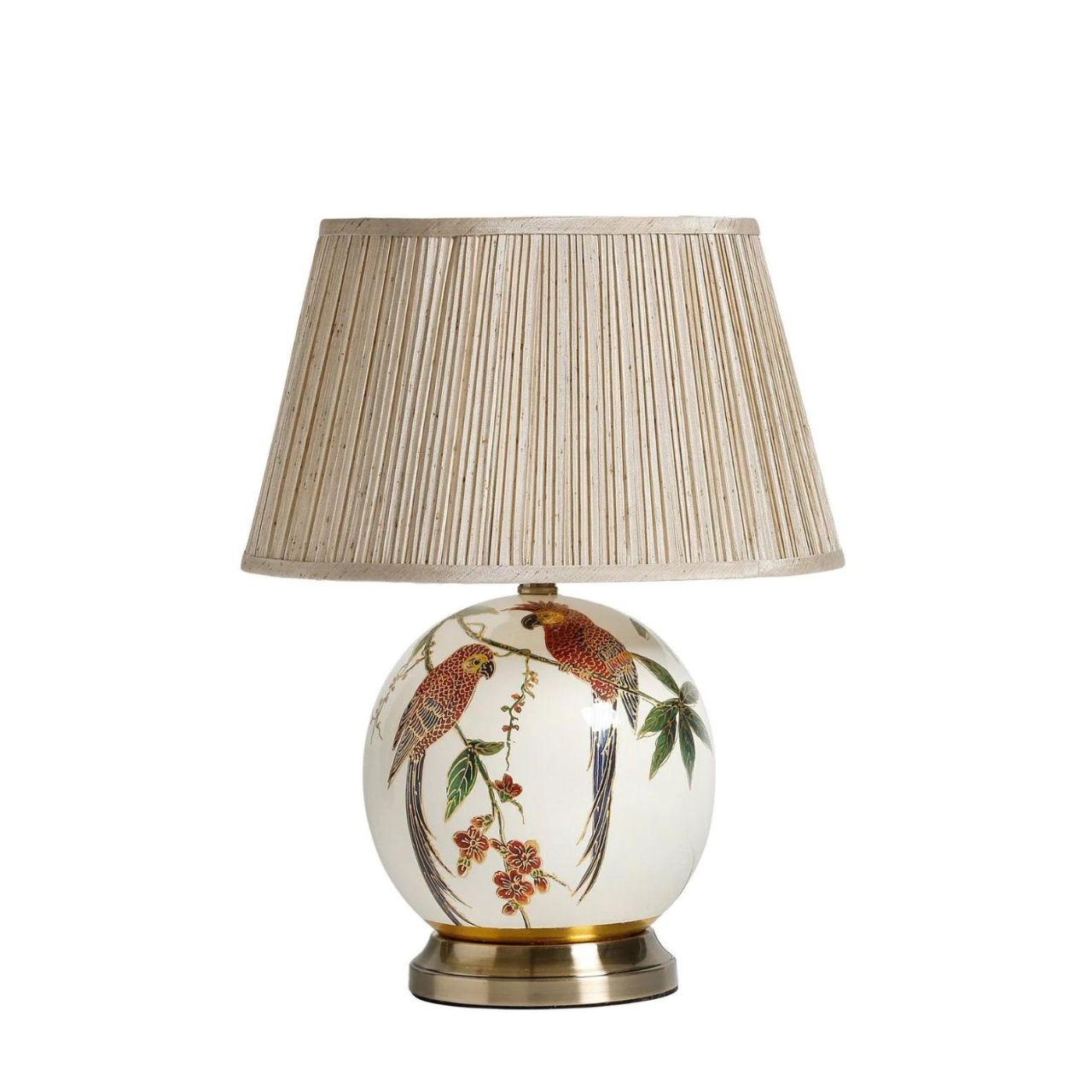 Tropical décor inspired lamp with parrot illustration. Finished with a pleated champagne in colour silk shade.