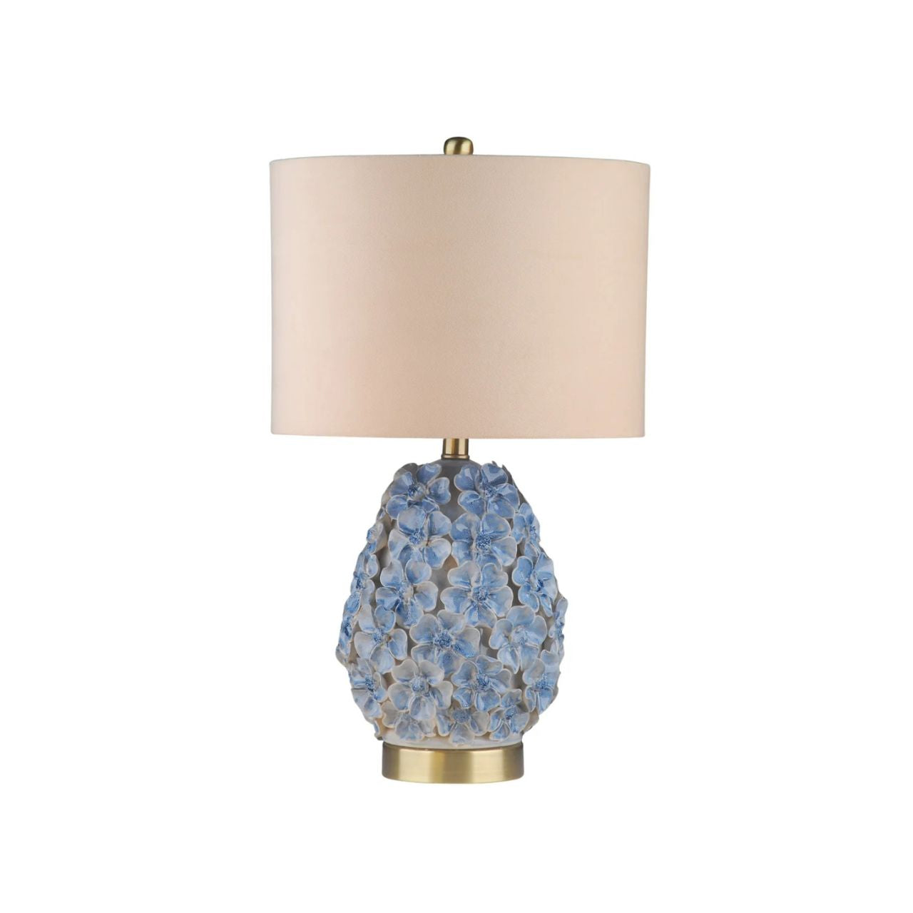 The Olivia Lamp is a charming piece inspired by delicate floral forms. Its rounded ceramic base features softly raised blossoms in gentle blue tones, creating texture and a subtle romantic feel. Finished with a neutral shade, it casts a warm, inviting glow.