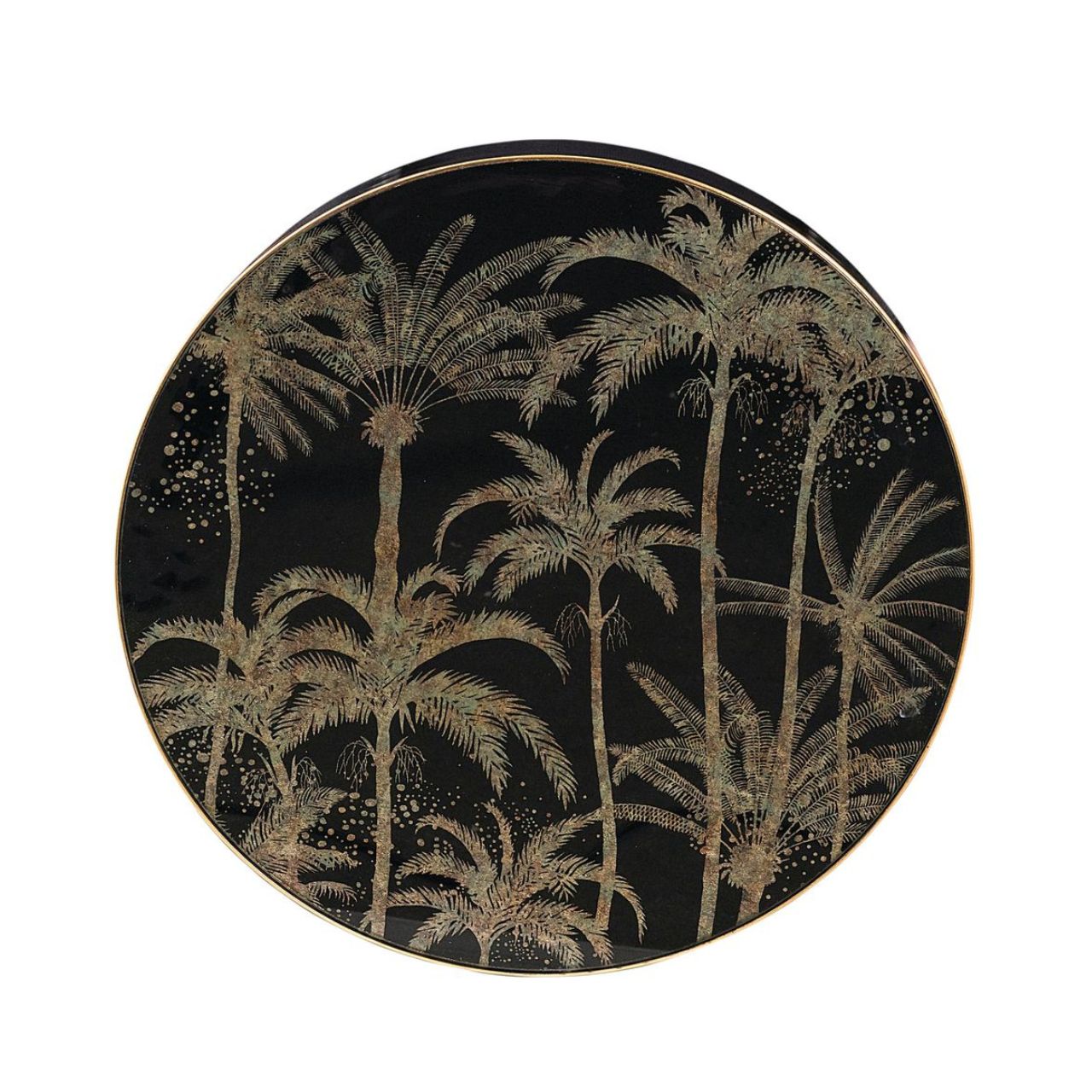 Palm Tree Side Table by Mindy Brownes Interiors  Black painted surround and leg with gold tip, 45cm diameter side table with black & antiqued gold palm tree pattern top with acrylic overlay. Can be styled solo or as part of a collaboration with the Venus, Bellatrix & Vega side tables for the ultimate styling effect.