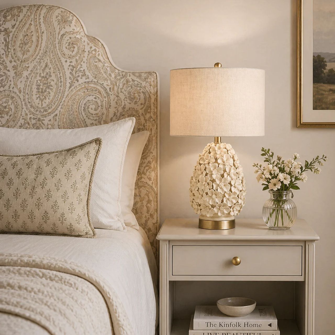 The Sara Lamp offers a soft and elegant take on floral inspired design. Its rounded ceramic base features delicate raised blossoms in a gentle neutral finish, creating texture and a subtle romantic feel. Paired with a linen shade, it casts a warm, inviting glow that highlights the intricate detailing.