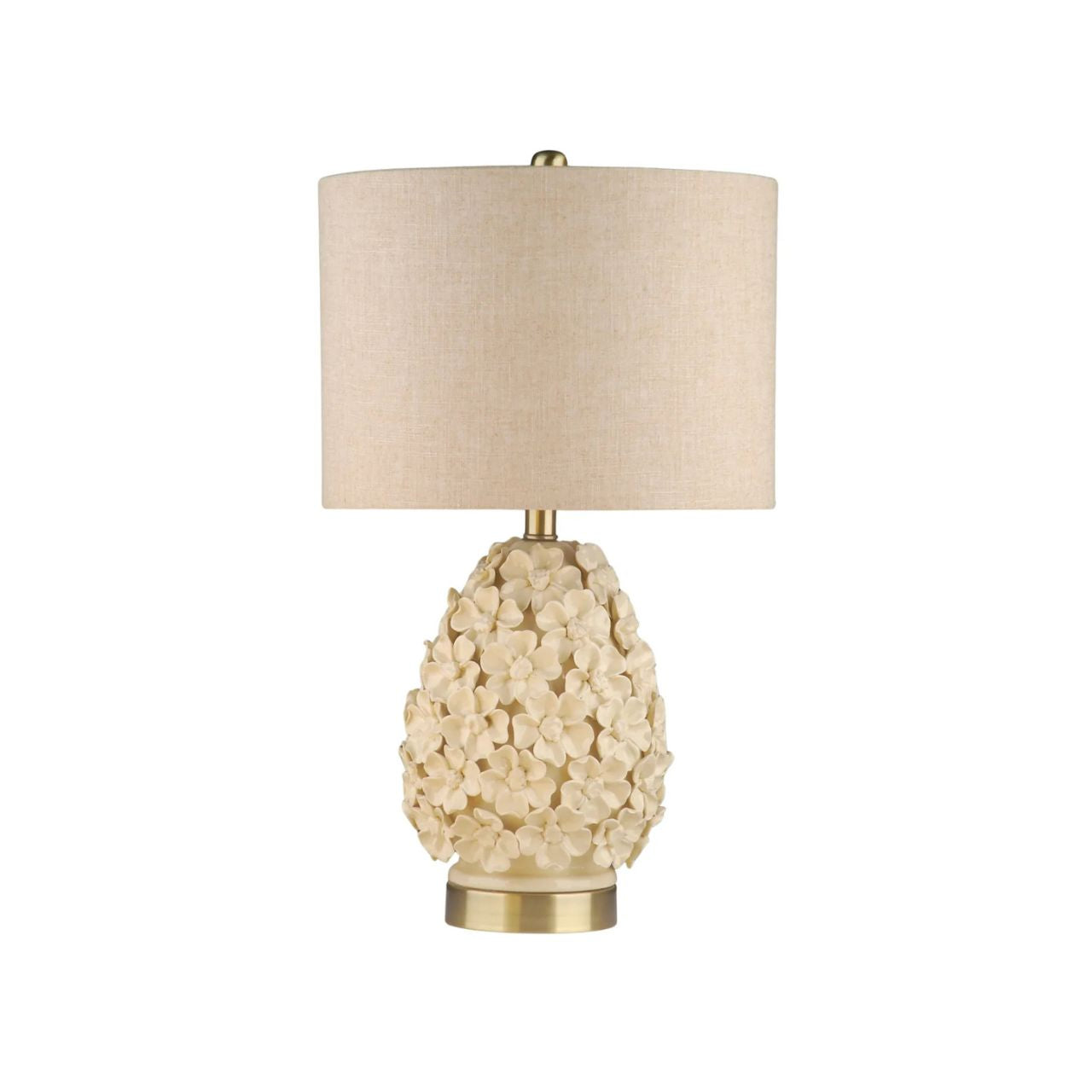 The Sara Lamp offers a soft and elegant take on floral inspired design. Its rounded ceramic base features delicate raised blossoms in a gentle neutral finish, creating texture and a subtle romantic feel. Paired with a linen shade, it casts a warm, inviting glow that highlights the intricate detailing.