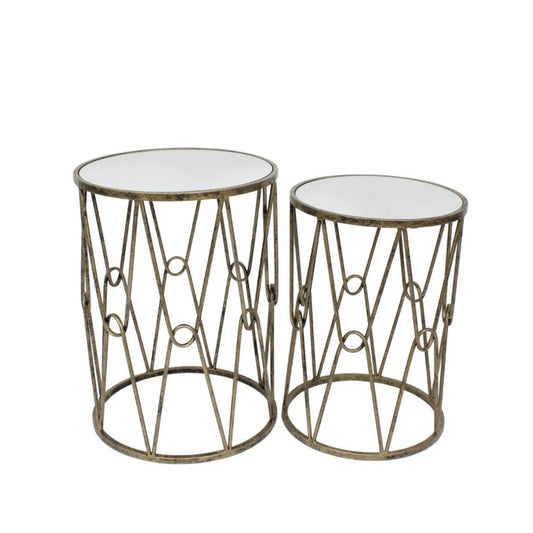 Wendover Tables Set of 2 by Mindy Brownes   Mindy Brownes, set of two drum design tables. Quirky designs, antique gold in colour. Mirrored top.