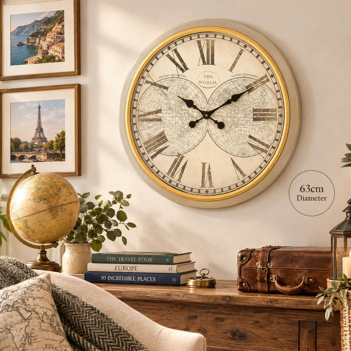 A clock for those who love to travel, beautiful map details on this clock finished, an ornate style finished with roman numerals.