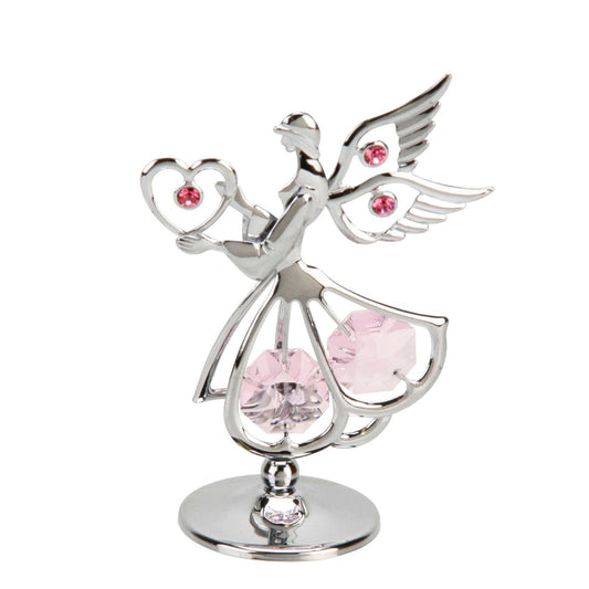 Crystocraft Standing Mini Sacred Angel With Heart & Crystals  A beautiful chrome plated Crystocraft sacred angel ornament. The angel holds a love heart in her hands and is embellished with soft pink Austrian Crystals to make a elegant and eye catching ornament, perfect as a gift for any religious occasion.