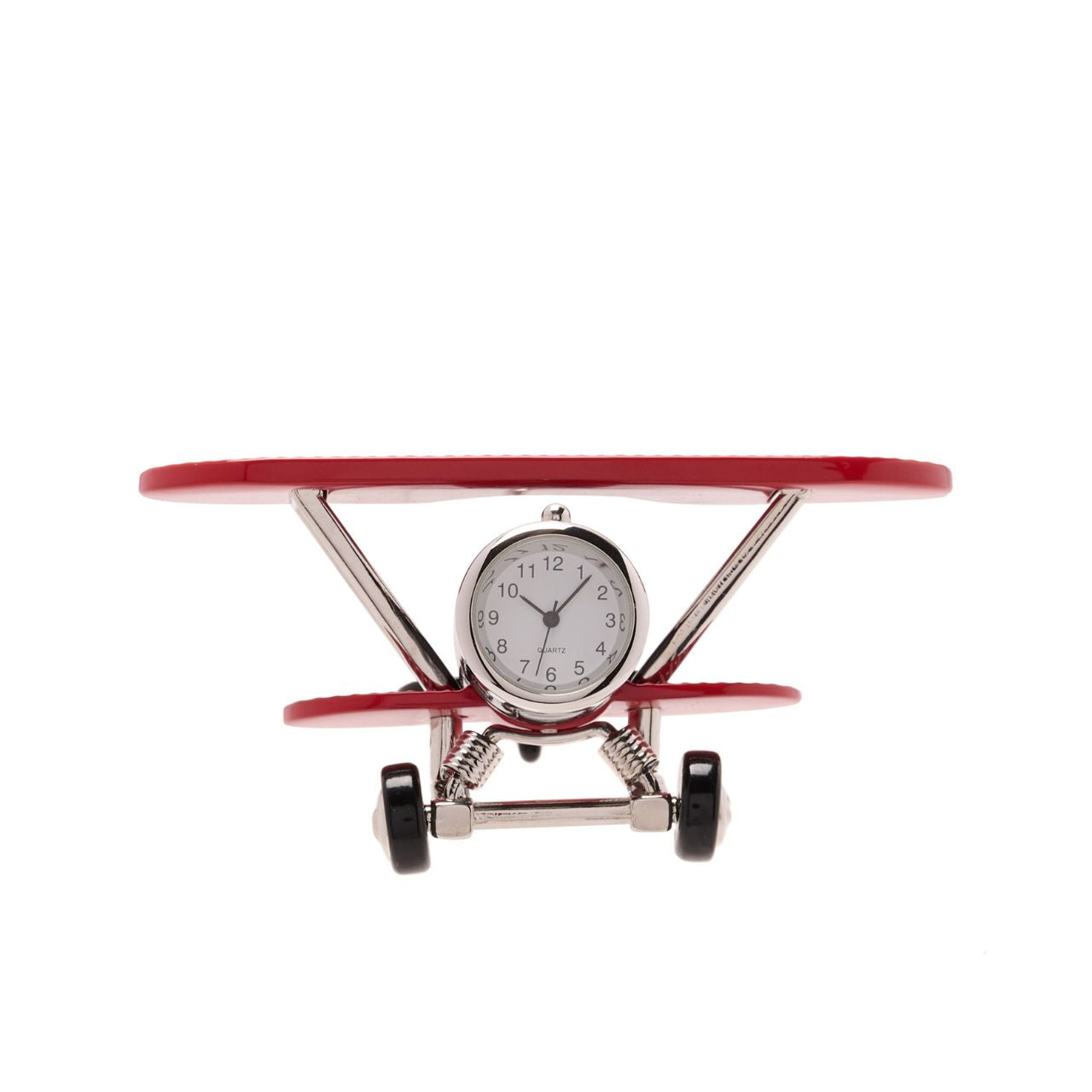 The red and black metal clock showcases a fantastic bi-plane design which displays great attention to detail. On the front of the plane sits a miniature Arabic clock face.