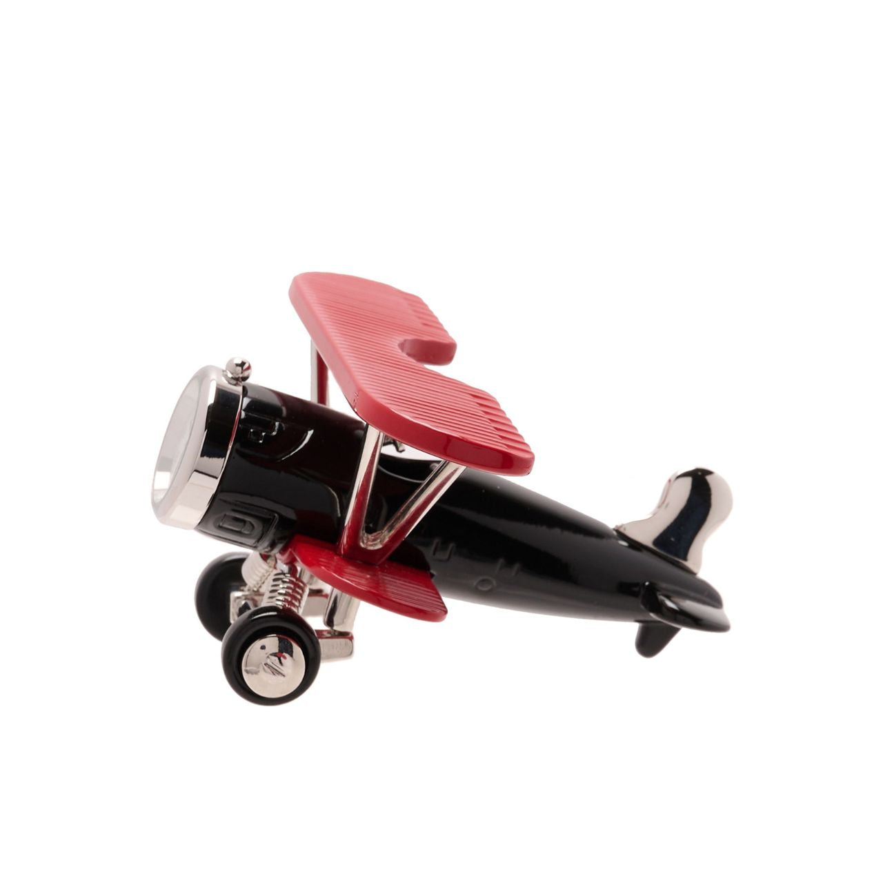 The red and black metal clock showcases a fantastic bi-plane design which displays great attention to detail. On the front of the plane sits a miniature Arabic clock face.