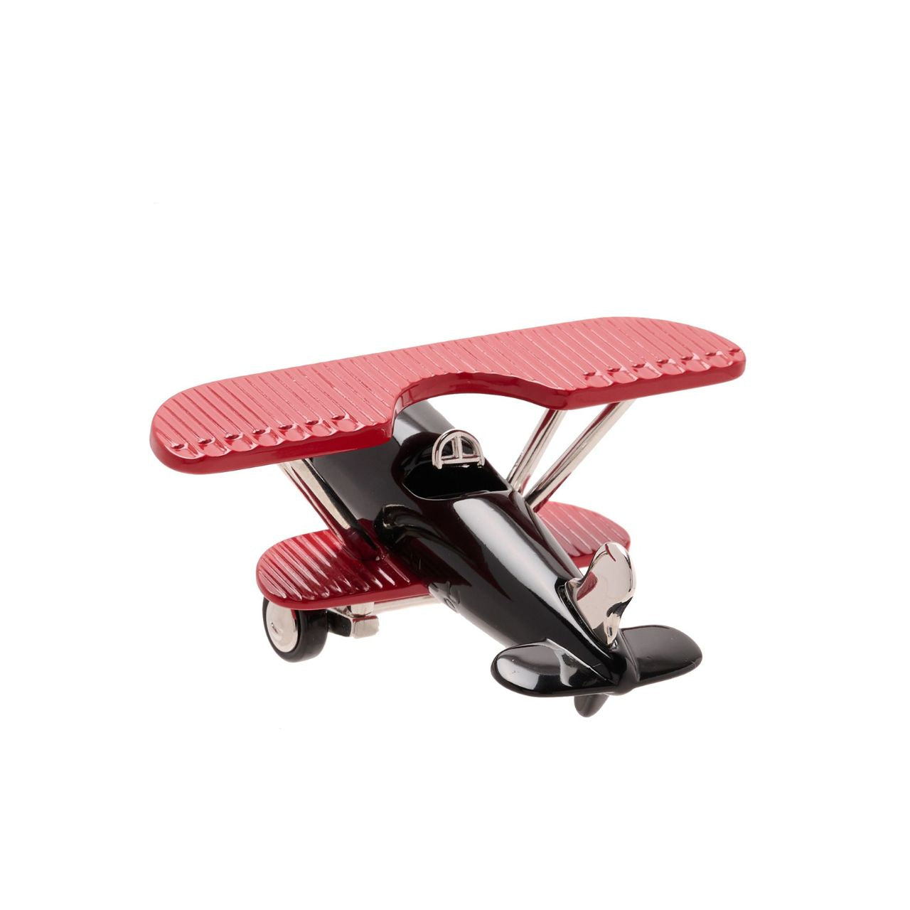 The red and black metal clock showcases a fantastic bi-plane design which displays great attention to detail. On the front of the plane sits a miniature Arabic clock face.