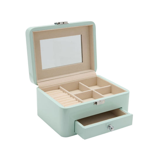 The jewellery box opens to reveal a mirrored lid and five compartments which includes a ring roll. Complementing this underneath is spacious draw. All the compartments have a soft fabric lining.