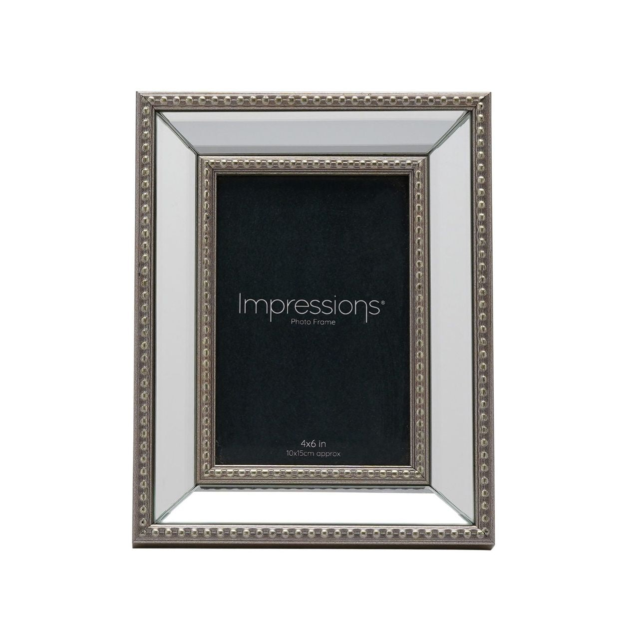 The Impressions Mirror Photo Frame Gold Decorative Border 4" x 6" beautifully displays cherished memories. With an elegant gold border and mirrored background, this frame adds glamour to any photo.
