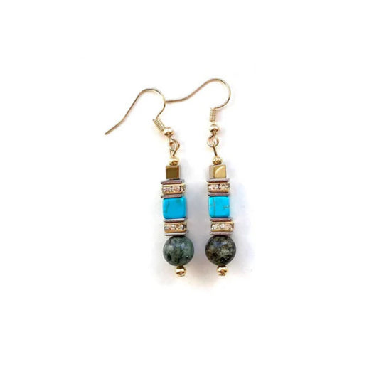 I love playing around with geometric shapes. &nbsp;Here I have combined cubes and spheres for a dynamic effect using African Turquoise, turquoise coloured Howlite and Hematite gemstones interspersed with sparkling Rhinestone spacer beads, creating an easy to wear and flattering piece of jewellery.