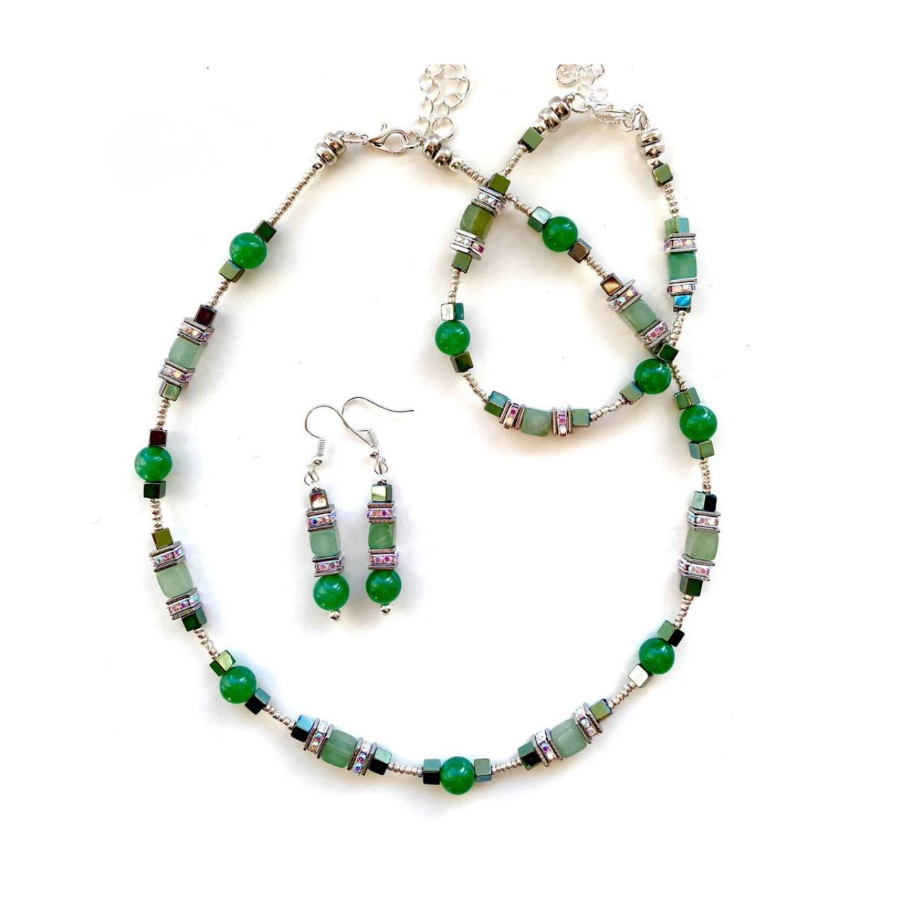 Combined cubes and spheres for a dynamic effect using green Aventurine gemstone cubes and spheres with Hematite gemstones interspersed with sparkling Rhinestone spacer beads, creating easy to wear and flattering earrings.