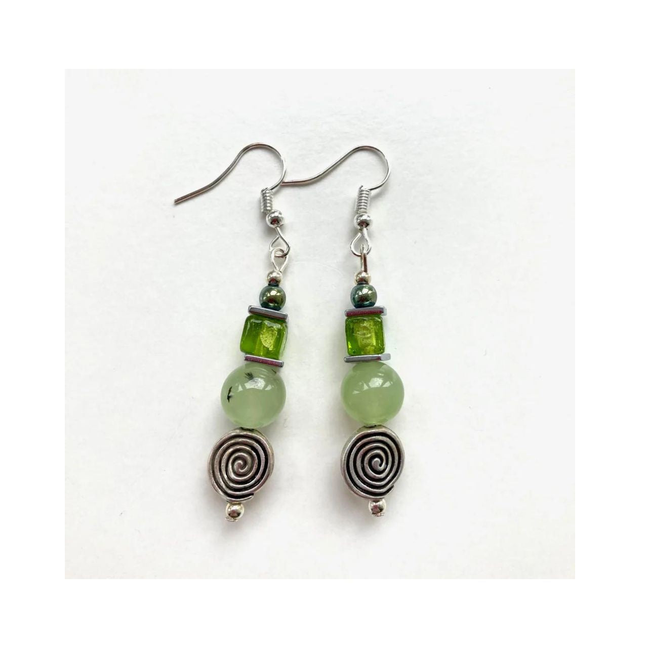 Green Gemstone Earrings with Celtic Spirals by Mishe Jewellery