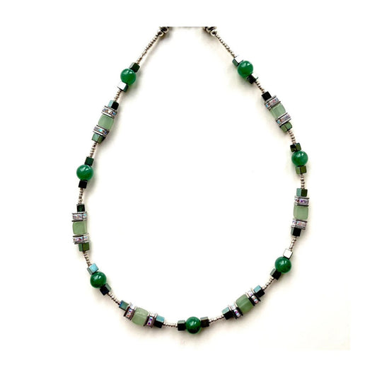 I love playing around with geometric shapes. &nbsp;Here I have combined cubes and spheres for a dynamic effect using Green Aventurine, Jade and Hematite gemstones interspersed with sparkling Rhinestone spacer beads, creating an easy to wear and flattering piece of jewellery.