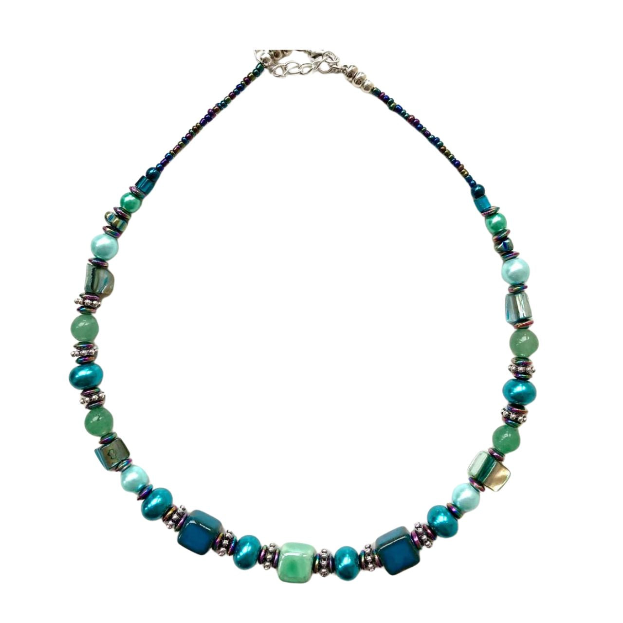 Necklace with blue/green Ceramic cubes, Amazonite and Hematite gemstones and blue/green natural shell beads. Length: approximately 16 inches (40cms) with a 2 inch (5 cm) extension chain.