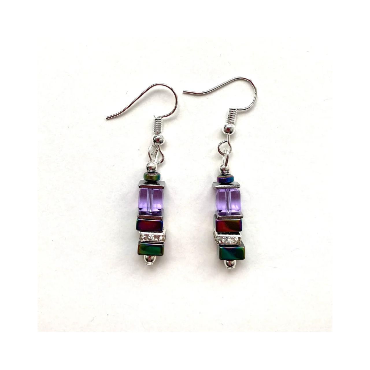 Lilac Crystal & Gemstone Cube Earrings by Mishe Jewellery