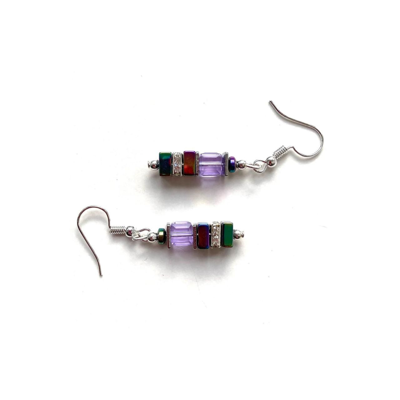 Lilac Crystal & Gemstone Cube Earrings by Mishe Jewellery