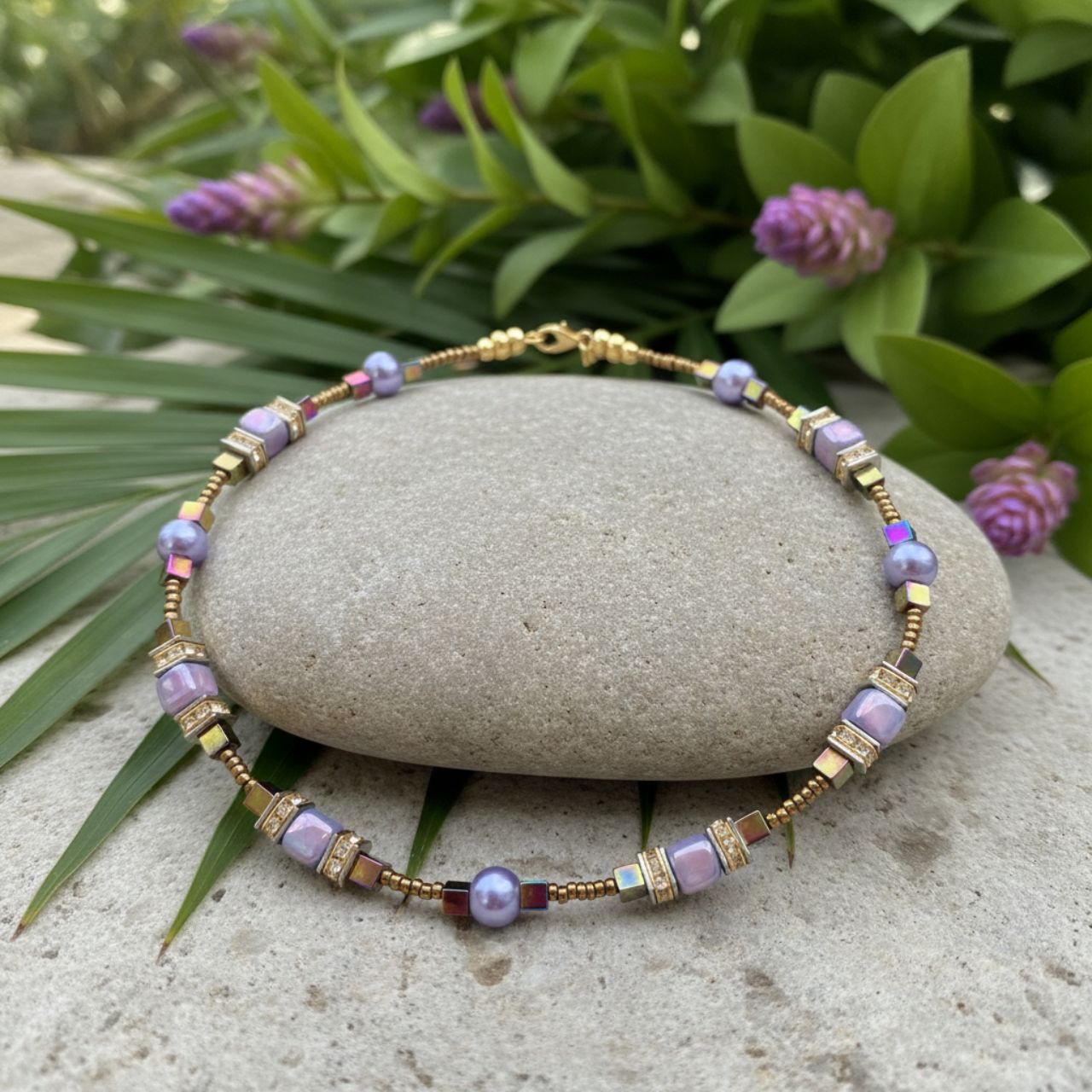 Combined cubes and spheres for a dynamic effect using lilac coloured Ceramic cubes and gold plated Hematite gemstones teamed with toning Pearls, all interspersed with sparkling Rhinestone spacer beads, creating an easy to wear and flattering piece of jewellery.