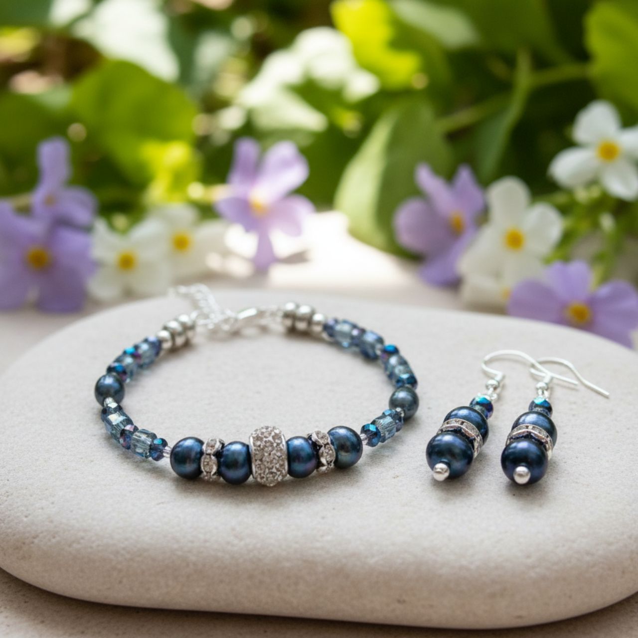 These freshwater Pearls have an unsurpassed natural beauty. Their deep blue colour is complemented by little faceted blue Crystal rondelles and cubes and highlighted by elegant cubic zirconia-studded silver collars.