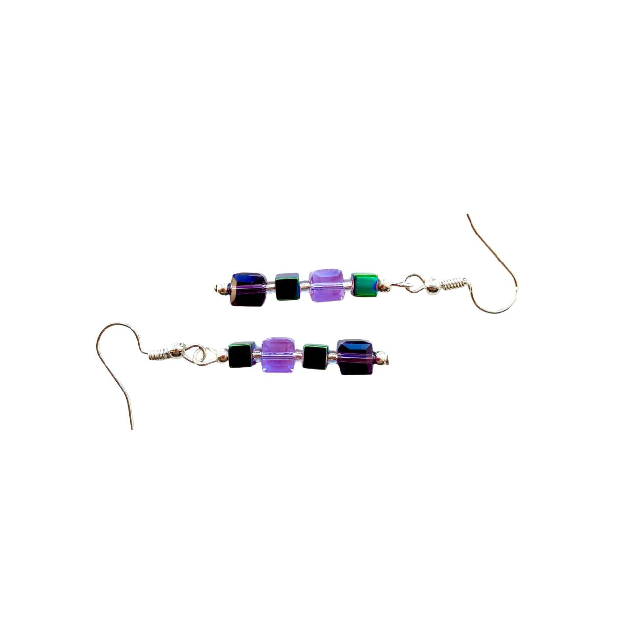 A harmonious combination of purple and lilac Crystal cubes coupled with purple/green plated Hematite gemstone cubes.