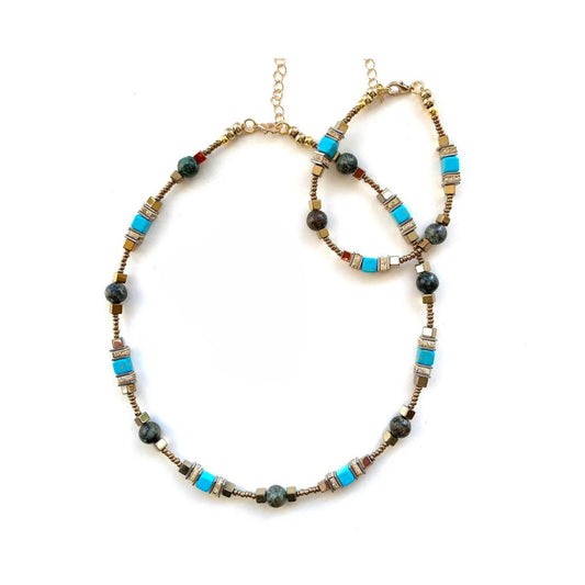I love playing around with geometric shapes. &nbsp;Here I have combined cubes and spheres for a dynamic effect using African Turquoise, turquoise coloured Howlite and Hematite gemstones interspersed with sparkling Rhinestone spacer beads, creating an easy to wear and flattering piece of jewellery.