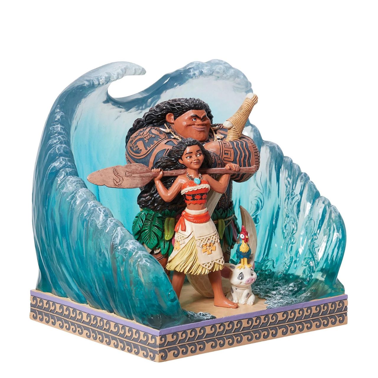 Moana Movie Poster Movie Scene  This powerful carved by heart captures the essence of the 2016 Disney film Moana, featuring herself, Maui, Hei Hei the Rooster and Pua the Pig. Designed by award winning artist Jim Shore, hand crafted using high quality cast stone and hand painted.