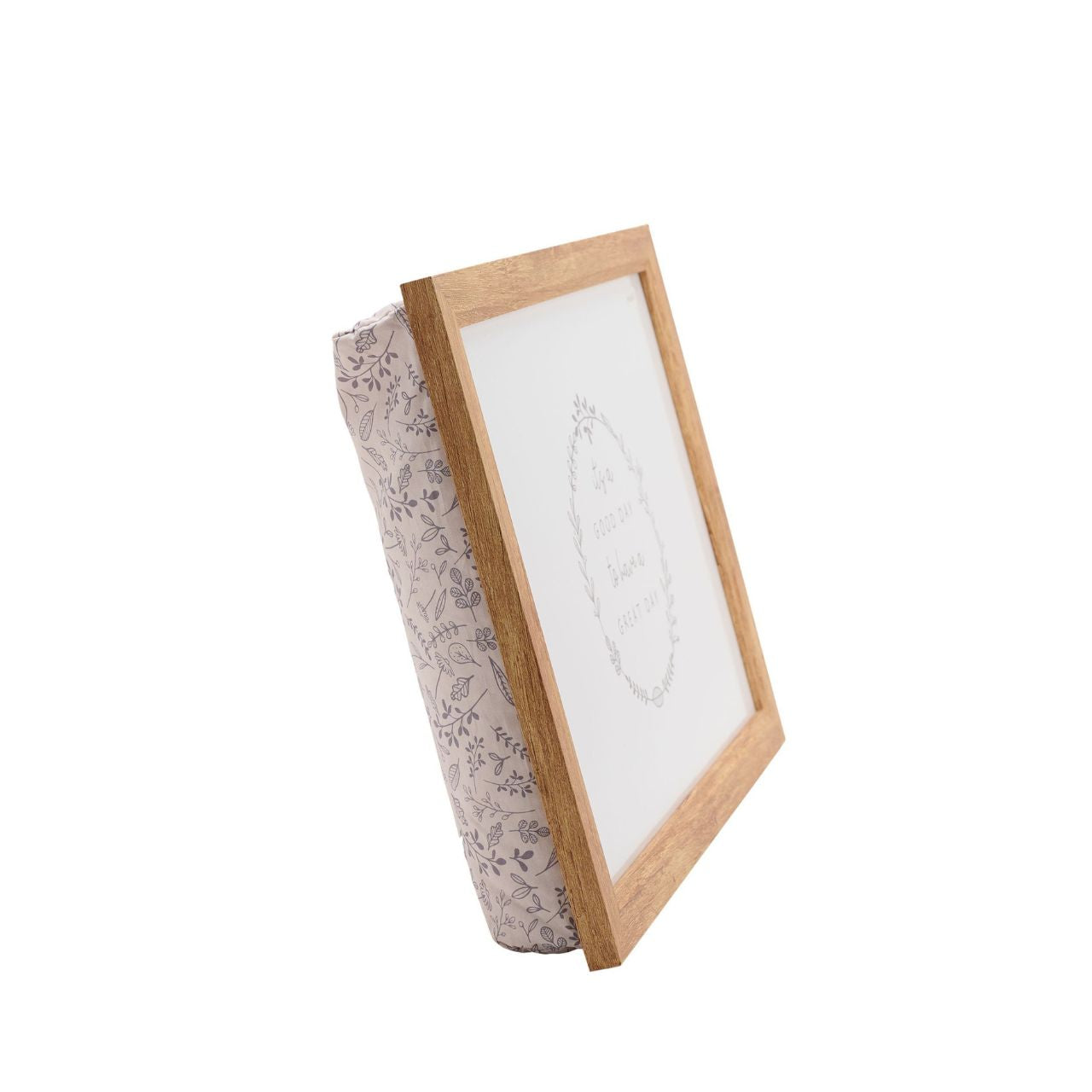 The cushioned fabric surrounding the tray is adorned with grey recurring floral images, providing both comfort and visual interest.