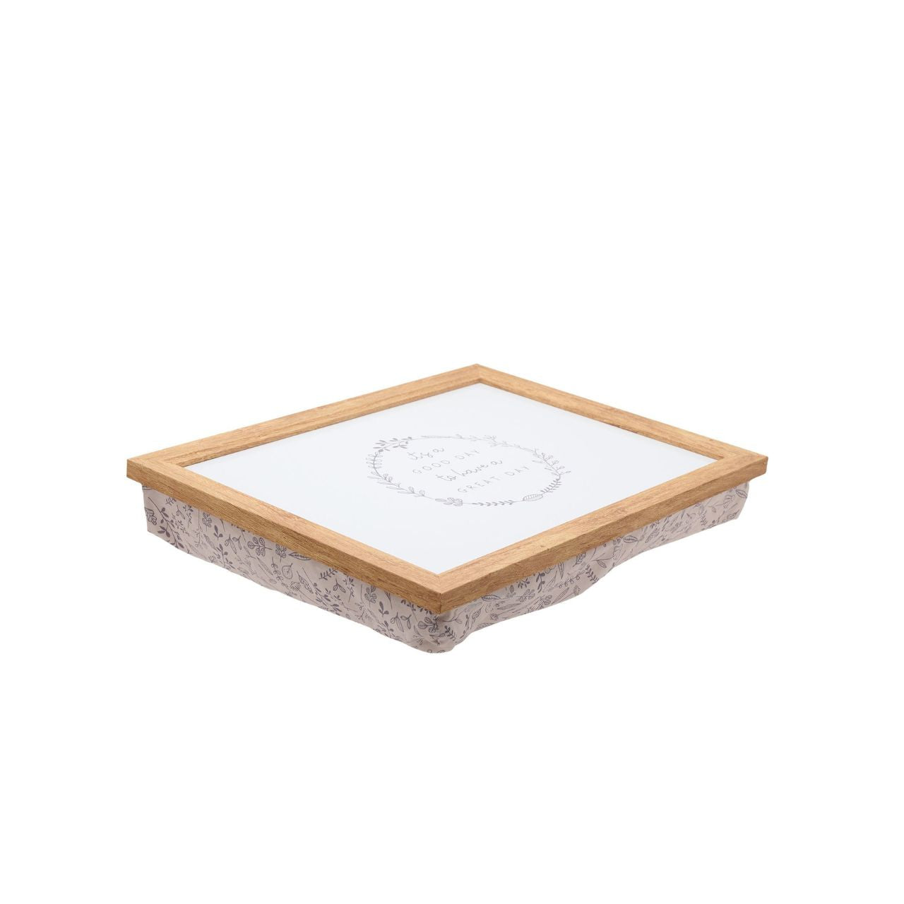 The cushioned fabric surrounding the tray is adorned with grey recurring floral images, providing both comfort and visual interest.