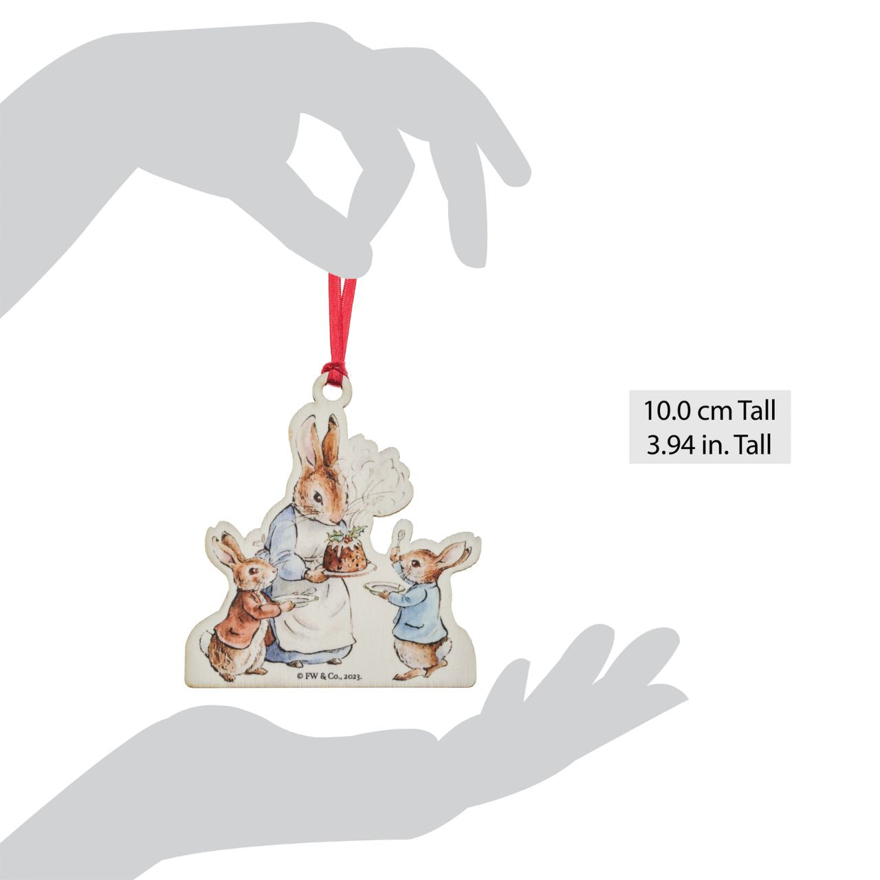 This Mrs. Rabbit with a Christmas Pudding Wooden Hanging Ornament would make a truly unique gift or self-purchase. We have been working hard towards our sustainability goal, creating Beatrix Potter gift items that include responsibly sourced materials.