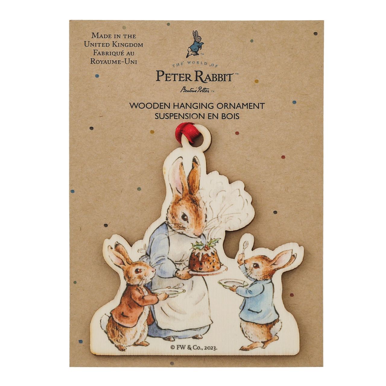 This Mrs. Rabbit with a Christmas Pudding Wooden Hanging Ornament would make a truly unique gift or self-purchase. We have been working hard towards our sustainability goal, creating Beatrix Potter gift items that include responsibly sourced materials.