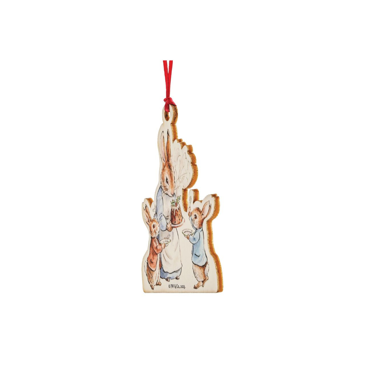 This Mrs. Rabbit with a Christmas Pudding Wooden Hanging Ornament would make a truly unique gift or self-purchase. We have been working hard towards our sustainability goal, creating Beatrix Potter gift items that include responsibly sourced materials.