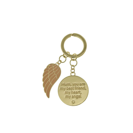 Introducing ''My Mum, My Angel'' Keychain. A blend of leather and polished metal, nestled in a gold embossed gift box. This elegant token honours the guiding presence of a mother - a heartfelt keepsake symbolising eternal love and gratitude.