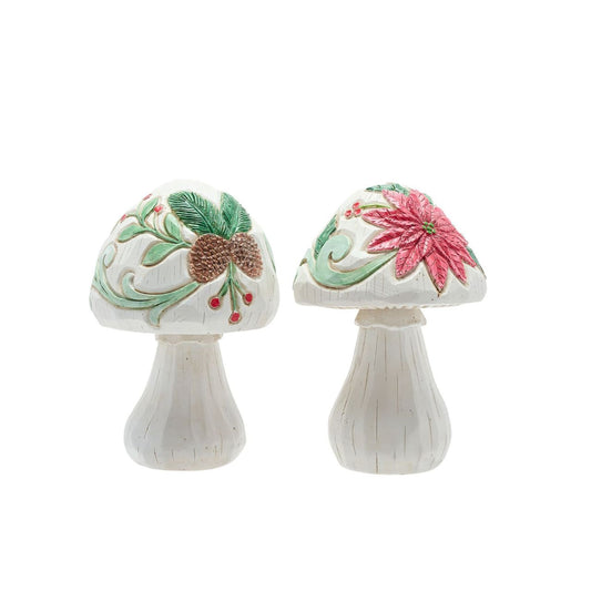Add a whimsical touch to the home with this charming pair of wooden mushrooms with floral décor. These delightful decorations feature intricately sculpted caps with detailing that looks just like the real thing.