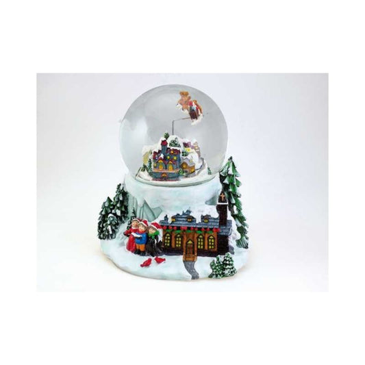 Snow globe 120 mm, Village scene with colour changing illumination, Santa fly´s above the village while a medley of 8 different Christmas melodies will play and the glitter swirls automatic. Battery operated.