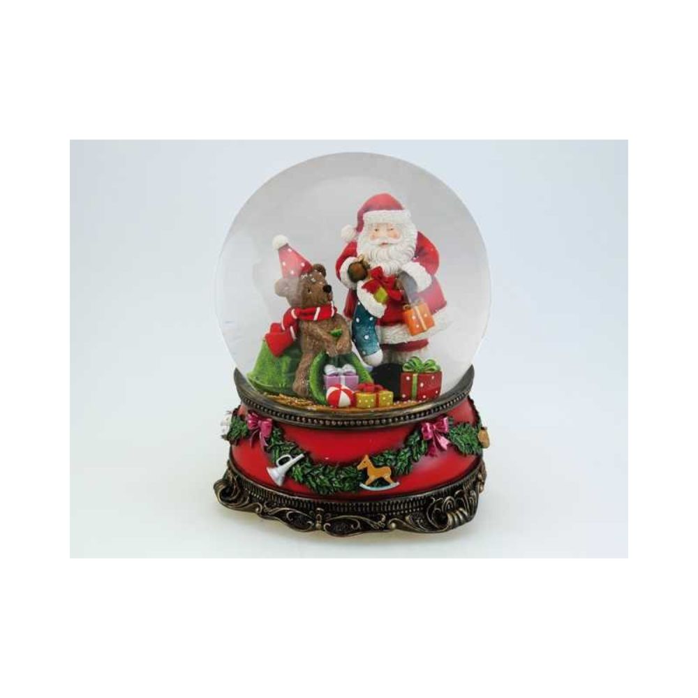 Snow globe 150 mm Santa with a bear and presents. Plays the melody Twelve days of Christmas.