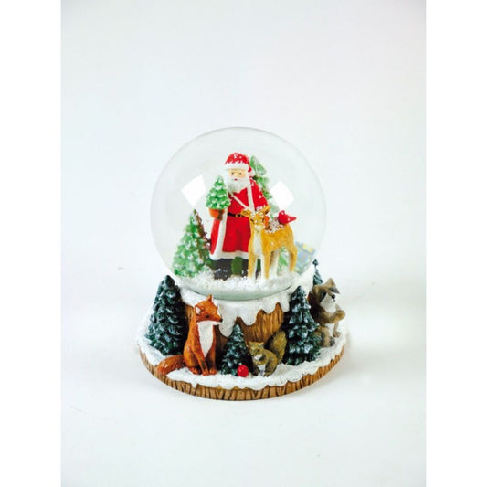 Snow globe 100 mm Santa with a deer and many other animals at a lantern. Plays the melody.