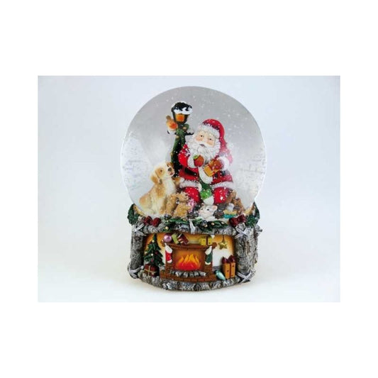 Snow globe 150 mm Santa with a dog and many other animals at a lantern. Plays the melody We wish you a merry Christmas.