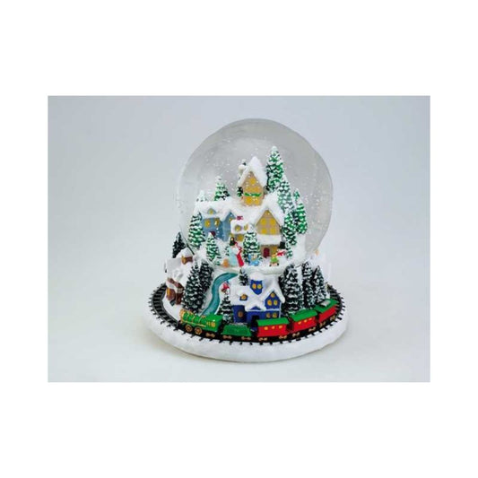 Snow globe 120 mm winter village with train. Plays the melody Joy to the world.