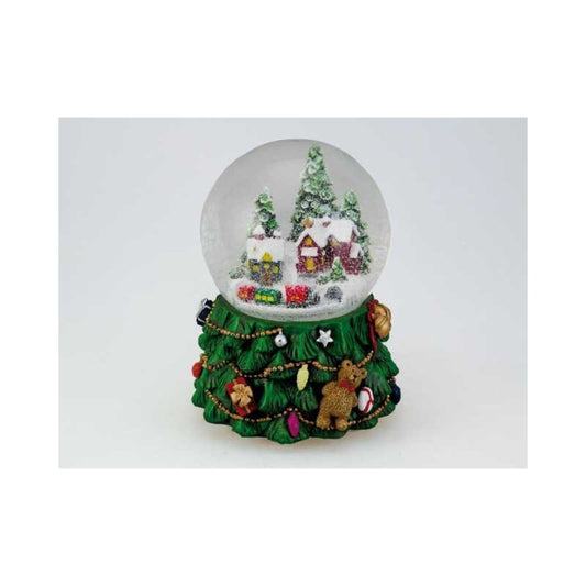 Snow globe 100 mm. Illuminated Winter Village with train. The snow swirls automatic while a medley of 8 different Christmas melodies will play. Battery operated.