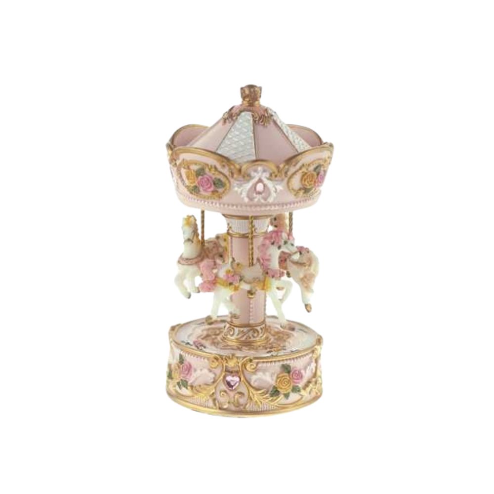 Rose and white carousel with 3 horses and decorated with yellow and rose roses and colourful rhinestones turns to the melody A little night music.
