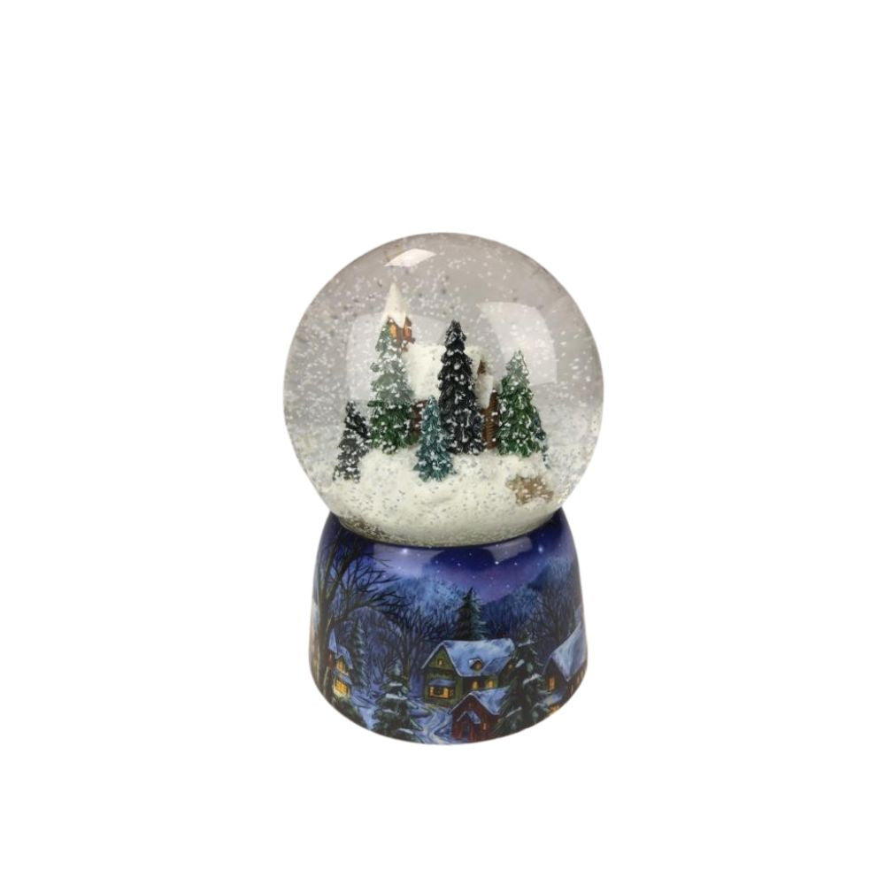 Snow globe sleigh ride. In the globe filled with snow, a couple takes a nostalgic sleigh ride past a snow-covered church surrounded by fir-trees. The base is painted with snowy village scenes. By winding the musical mechanism up, the scene starts to rotate inside the globe to the melody “Jingle Bells”.