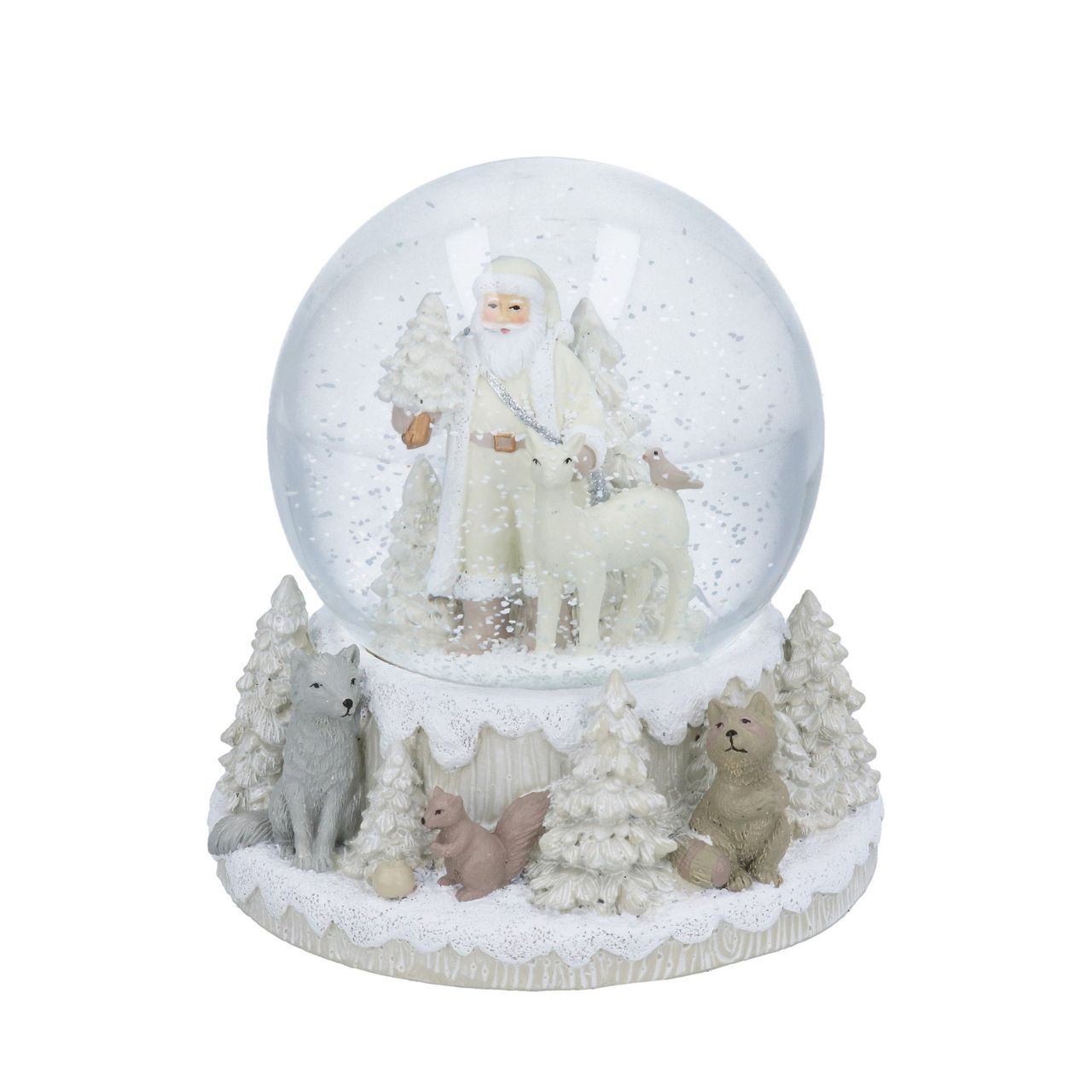 Elevate your festive décor with the Gisela Graham Music Snow Globe Winter Forest with Santa. This exquisite piece captures a serene winter forest scene, featuring Santa surrounded by delicate snowflakes.