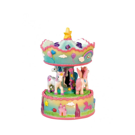 Music box “unicorn carousel”. The colourful carousel, decorated with fairy tales, rotates to a melody.
