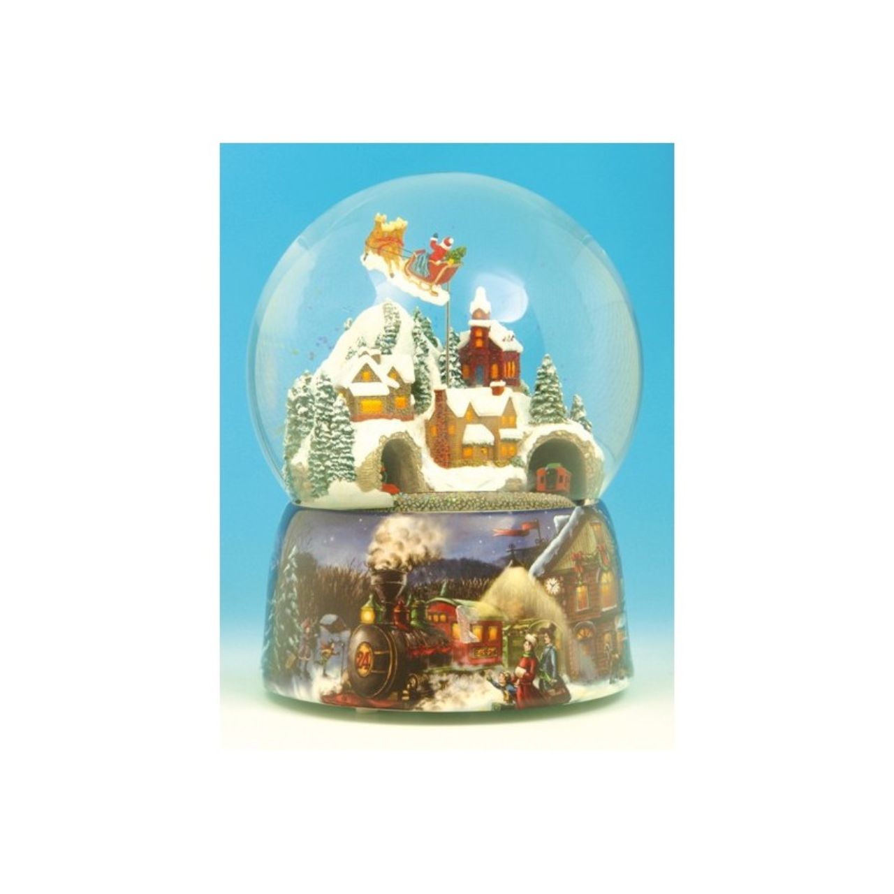 Train snow globe, the train drives through the tunnel and Santa turns to the Christmas melody “Jingle Bells”